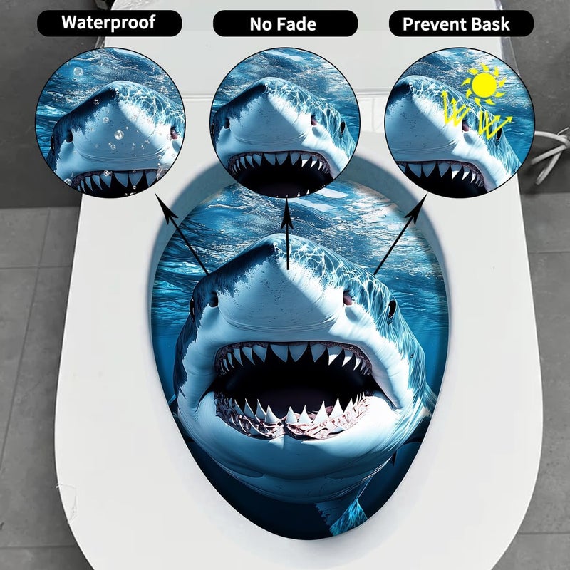 Iprokiu Cute Animal Toilet Sticker Waterproof 3D Funny Dog Cracking Toilet Seat Lid Decal Bathroom Wall Sticker Squirrel Toilet Lid Decal Home Decoration (Shark) - Image 3